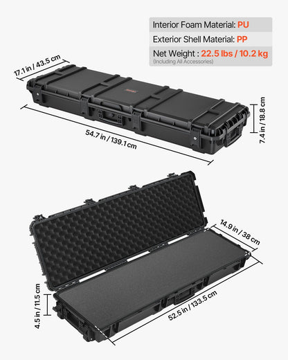 Hard Rifle Case, Lockable Rifle Case with Pre-cut Foams, 1320 mm Gun Storage with Wheels, Heavy Duty IP67 Waterproof & Dustproof Pistol Storage Cases for Rifles, Shotguns, Airsoft Guns, Black