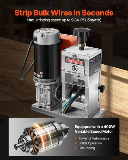 VEVOR Electric Wire Stripping Machine, 1.5-40 mm, 400W Automatic Motorized Cable Stripper, 9.84 IPS (15 m/min) Wire Peeler with Alloy Blades, V-Shaped Rollers, Cooling Fan, for Scrap Copper Recycling - Mekamart Australia