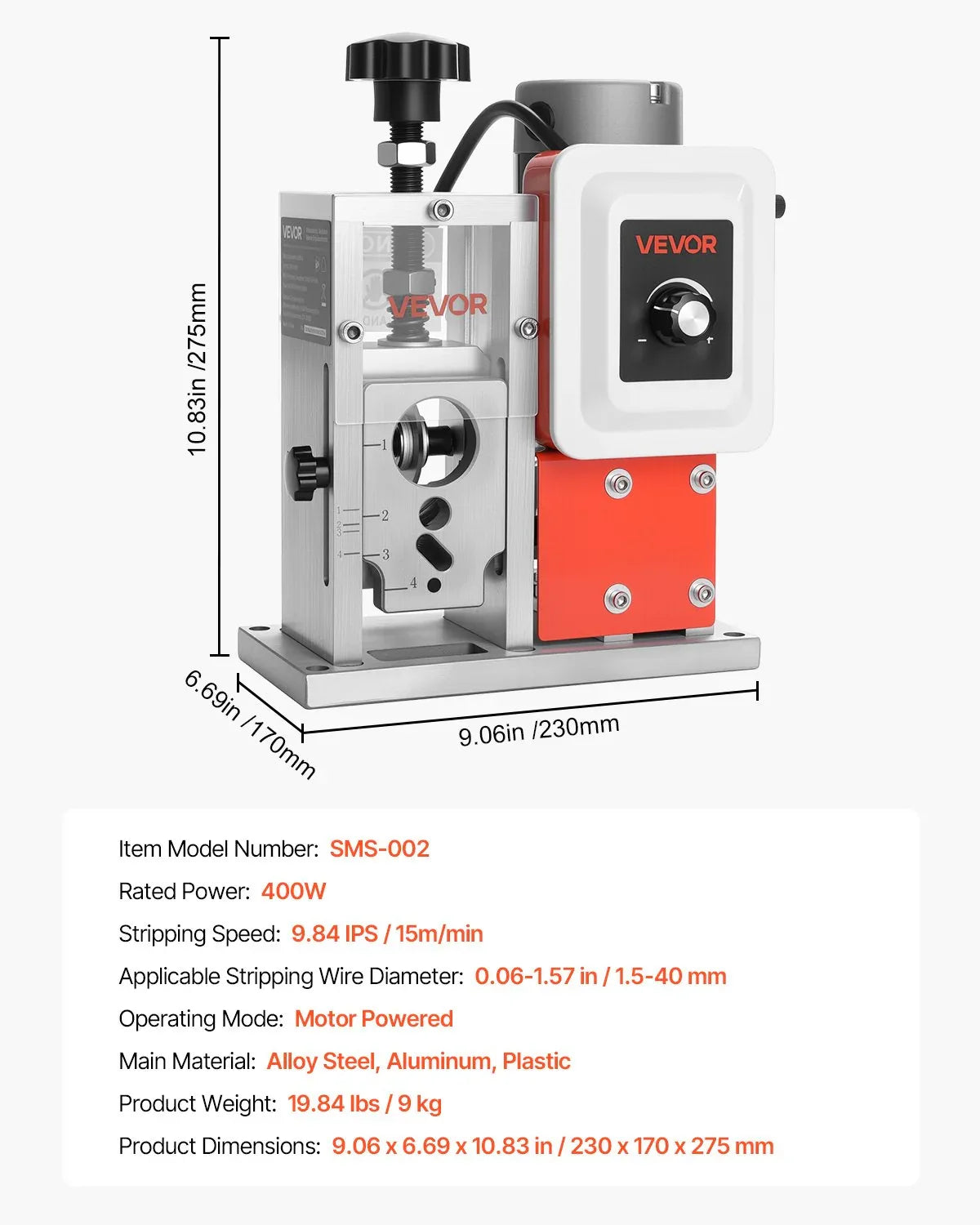 VEVOR Electric Wire Stripping Machine, 1.5-40 mm, 400W Automatic Motorized Cable Stripper, 9.84 IPS (15 m/min) Wire Peeler with Alloy Blades, V-Shaped Rollers, Cooling Fan, for Scrap Copper Recycling - Mekamart Australia
