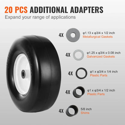 VEVOR Lawn Mower Tires with Rim, 13x5-6" Tubeless Tractor Tires, 2-Pack Tire and Wheel Assembly, Flat-free PU Tires, 3.25"-5.9" Centered Hub, 3/4" Bushing Size, 20 PCS Adapter for Lawn Mowers Tractors - Mekamart Australia