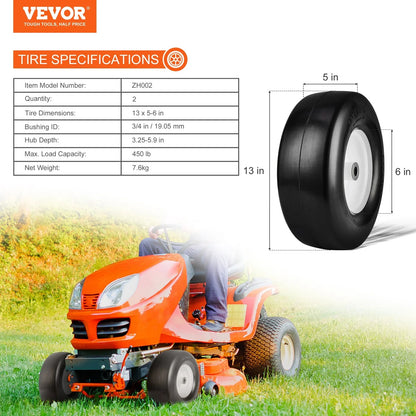 VEVOR Lawn Mower Tires with Rim, 13x5-6" Tubeless Tractor Tires, 2-Pack Tire and Wheel Assembly, Flat-free PU Tires, 3.25"-5.9" Centered Hub, 3/4" Bushing Size, 20 PCS Adapter for Lawn Mowers Tractors - Mekamart Australia