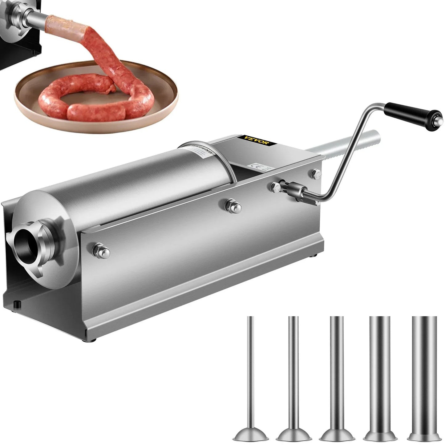 VEVOR Manual Sausage Stuffer, 5 L / 11 LBS Horizontal Sausage Machine, Dual-Speed Meat Stuffer, Made of Food-Grade 304 Stainless Steel, Includes 5 Stuffing Tubes, for Home Kitchen Restaurant Commercia - Mekamart Australia