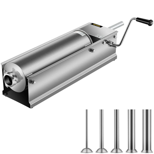 VEVOR Manual Sausage Stuffer, 7 L / 15 LBS Horizontal Sausage Machine, Dual-Speed Meat Stuffer, Made of Food-Grade 304 Stainless Steel, Includes 5 Stuffing Tubes, for Home Kitchen Restaurant Commercia - Mekamart Australia