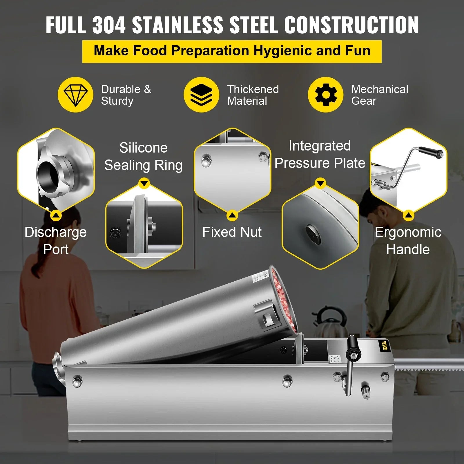 VEVOR Manual Sausage Stuffer, 7 L / 15 LBS Horizontal Sausage Machine, Dual-Speed Meat Stuffer, Made of Food-Grade 304 Stainless Steel, Includes 5 Stuffing Tubes, for Home Kitchen Restaurant Commercia - Mekamart Australia
