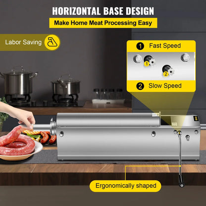 VEVOR Manual Sausage Stuffer, 7 L / 15 LBS Horizontal Sausage Machine, Dual-Speed Meat Stuffer, Made of Food-Grade 304 Stainless Steel, Includes 5 Stuffing Tubes, for Home Kitchen Restaurant Commercia - Mekamart Australia
