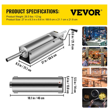 VEVOR Manual Sausage Stuffer, 7 L / 15 LBS Horizontal Sausage Machine, Dual-Speed Meat Stuffer, Made of Food-Grade 304 Stainless Steel, Includes 5 Stuffing Tubes, for Home Kitchen Restaurant Commercia - Mekamart Australia