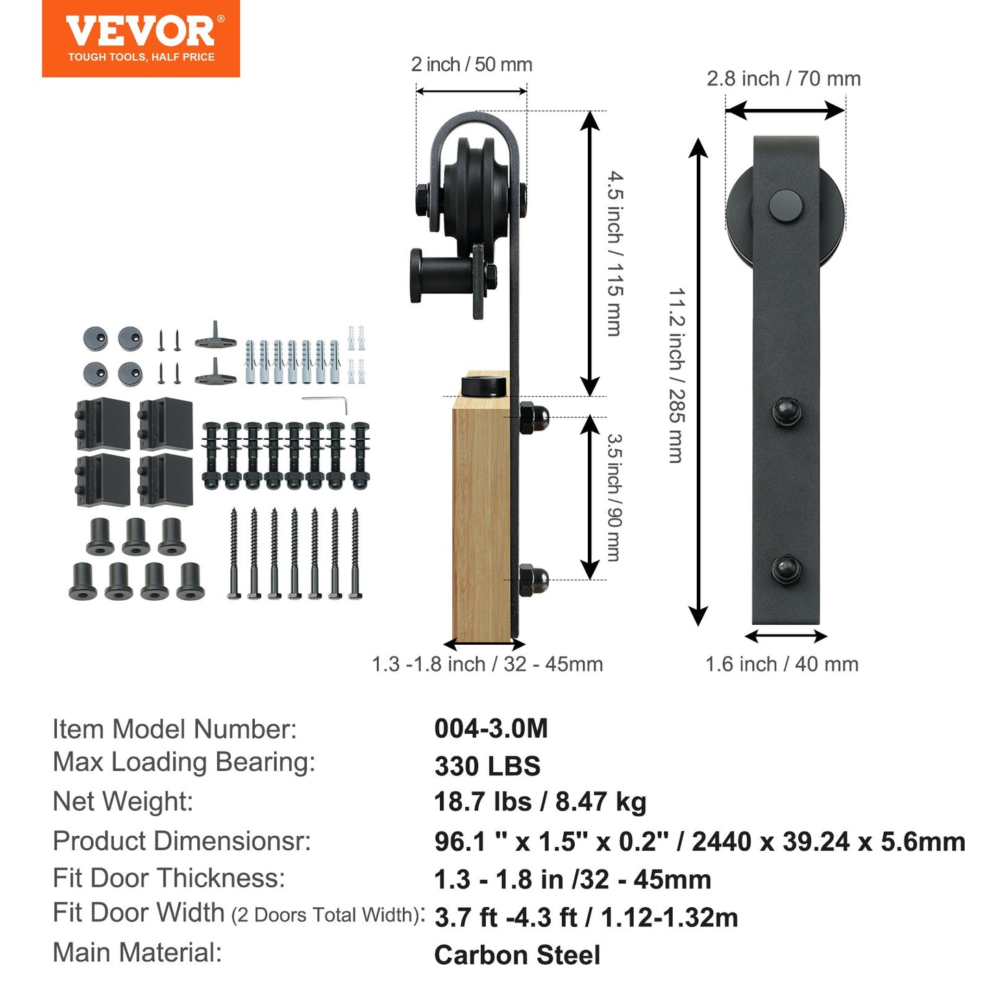 2440 mm Sliding Barn Door Hardware Closet Track Kit for Double Doors J Hanger