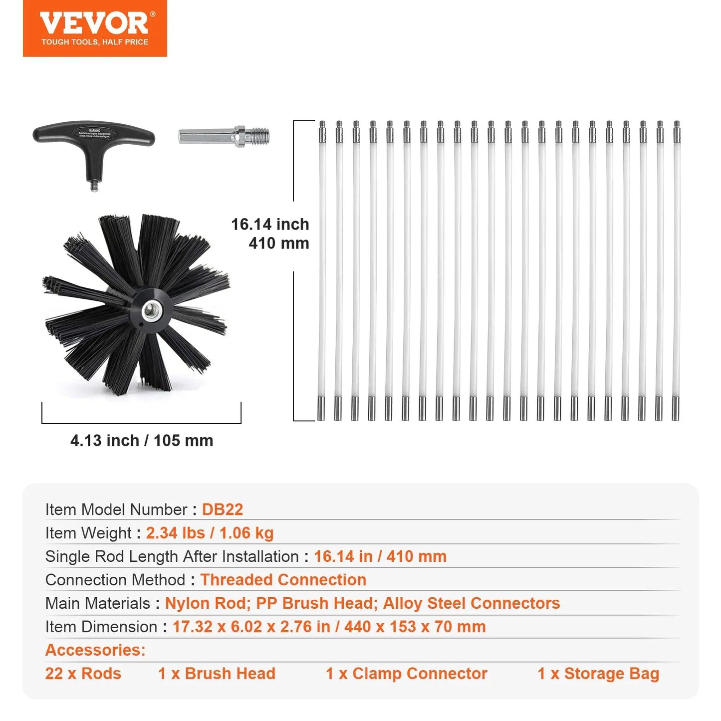 VEVOR 914.4CM Dryer Vent Cleaner Kit, 22 Pieces Duct Cleaning Brush, Reinforced Nylon Dryer Vent Brush, Dryer Cleaning Tools Lint Remover with Flexible Lint Trap Brush, Clamp Connectors - Mekamart Australia
