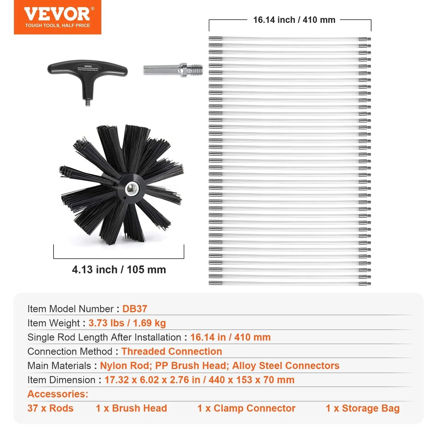 VEVOR 15.24M Dryer Vent Cleaner Kit, 37 Pieces Duct Cleaning Brush, Reinforced Nylon Dryer Vent Brush, Dryer Cleaning Tools Lint Remover with Flexible Lint Trap Brush, Clamp Connectors - Mekamart Australia