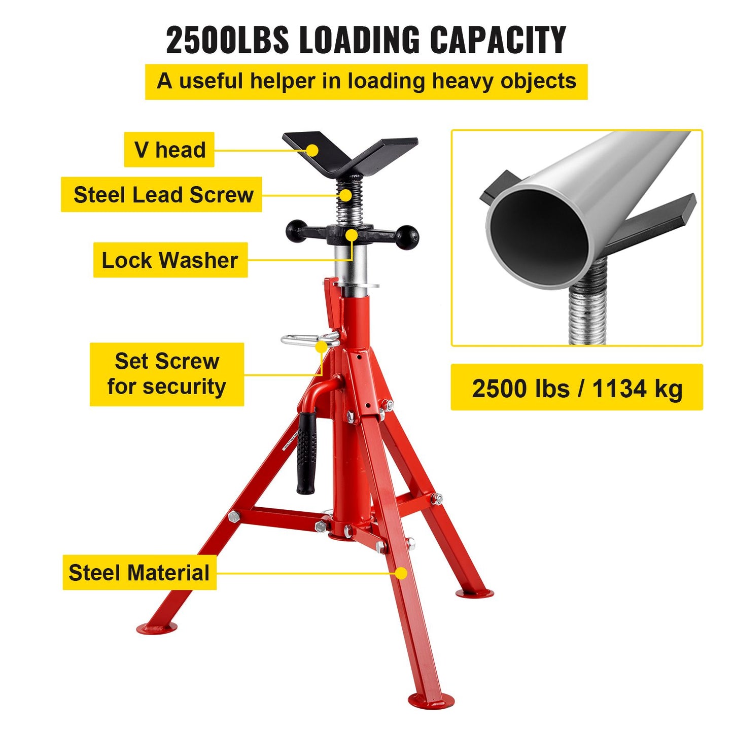 V Head Pipe Stand 0.32 - 30.48 cm Capacity, Adjustable Height 610mm-1067mm, Pipe Jack Stands 1134kg Load Capacity, Portable Folding Pipe Stands, Carbon Steel Body for Enhanced Durability