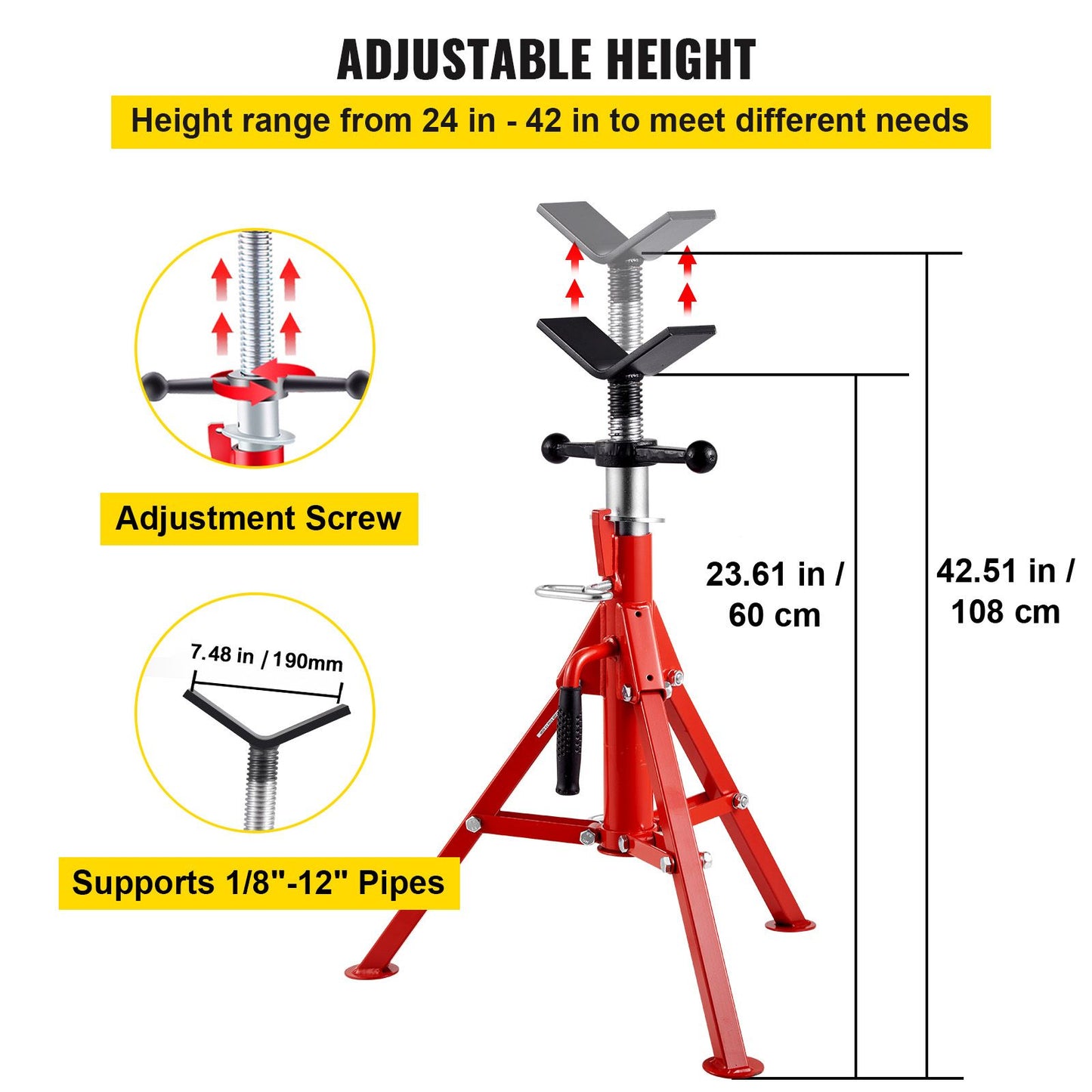 V Head Pipe Stand 0.32 - 30.48 cm Capacity, Adjustable Height 610mm-1067mm, Pipe Jack Stands 1134kg Load Capacity, Portable Folding Pipe Stands, Carbon Steel Body for Enhanced Durability