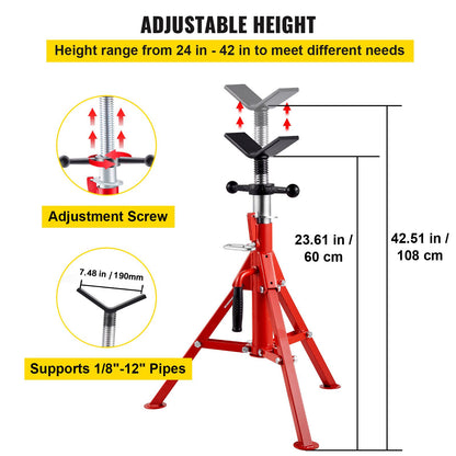 V Head Pipe Stand 0.32 - 30.48 cm Capacity, Adjustable Height 610mm-1067mm, Pipe Jack Stands 1134kg Load Capacity, Portable Folding Pipe Stands, Carbon Steel Body for Enhanced Durability