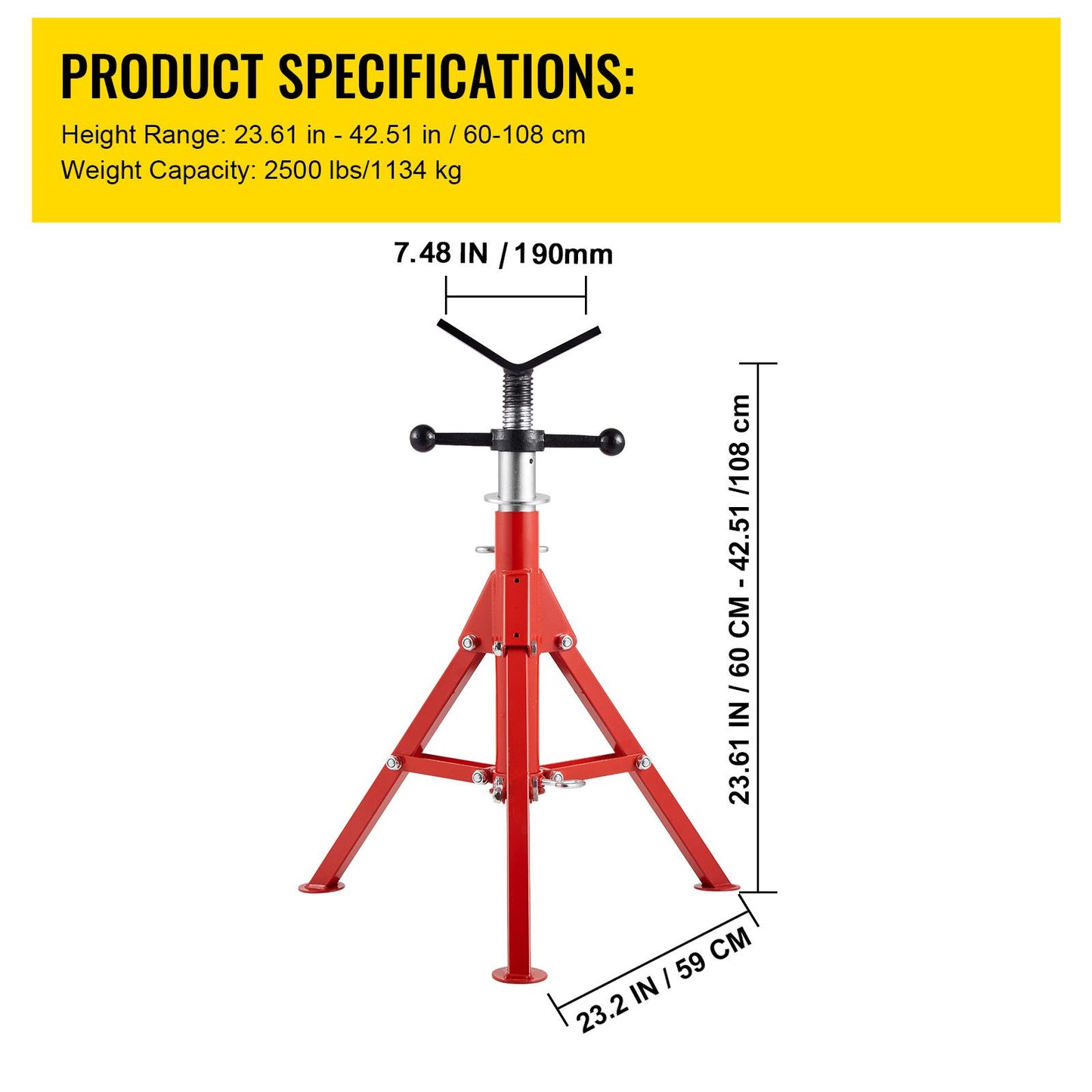 V Head Pipe Stand 0.32 - 30.48 cm Capacity, Adjustable Height 610mm-1067mm, Pipe Jack Stands 1134kg Load Capacity, Portable Folding Pipe Stands, Carbon Steel Body for Enhanced Durability