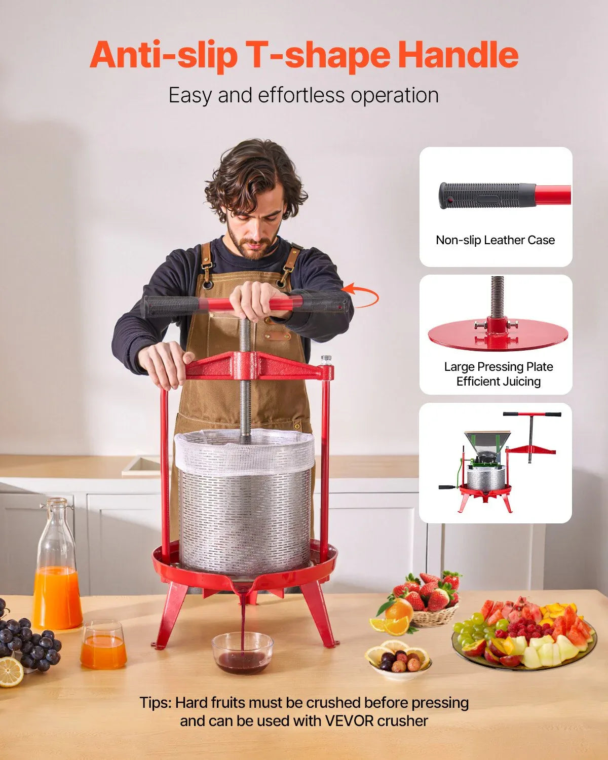 VEVOR 3.69 Gal/14L Fruit Wine Press, Stainless Steel Basket with Cross-beam and Triangular Structure, Manual Juice Maker, Cider Apple Grape Tincture Making Press with T-Handle for Kitchen Home - Mekamart Australia