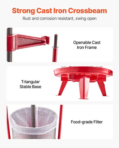 VEVOR 3.69 Gal/14L Fruit Wine Press, Stainless Steel Basket with Cross-beam and Triangular Structure, Manual Juice Maker, Cider Apple Grape Tincture Making Press with T-Handle for Kitchen Home - Mekamart Australia