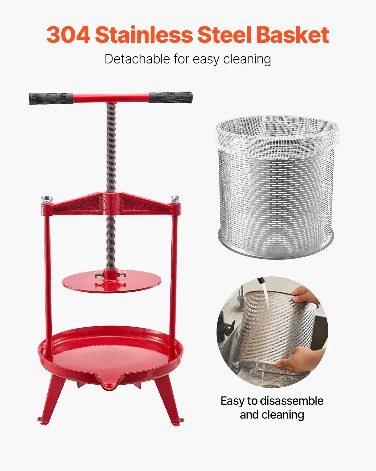 VEVOR 3.69 Gal/14L Fruit Wine Press, Stainless Steel Basket with Cross-beam and Triangular Structure, Manual Juice Maker, Cider Apple Grape Tincture Making Press with T-Handle for Kitchen Home - Mekamart Australia