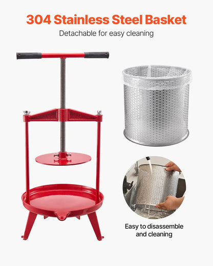 VEVOR 3.69 Gal/14L Fruit Wine Press, Stainless Steel Basket with Cross-beam and Triangular Structure, Manual Juice Maker, Cider Apple Grape Tincture Making Press with T-Handle for Kitchen Home - Mekamart Australia
