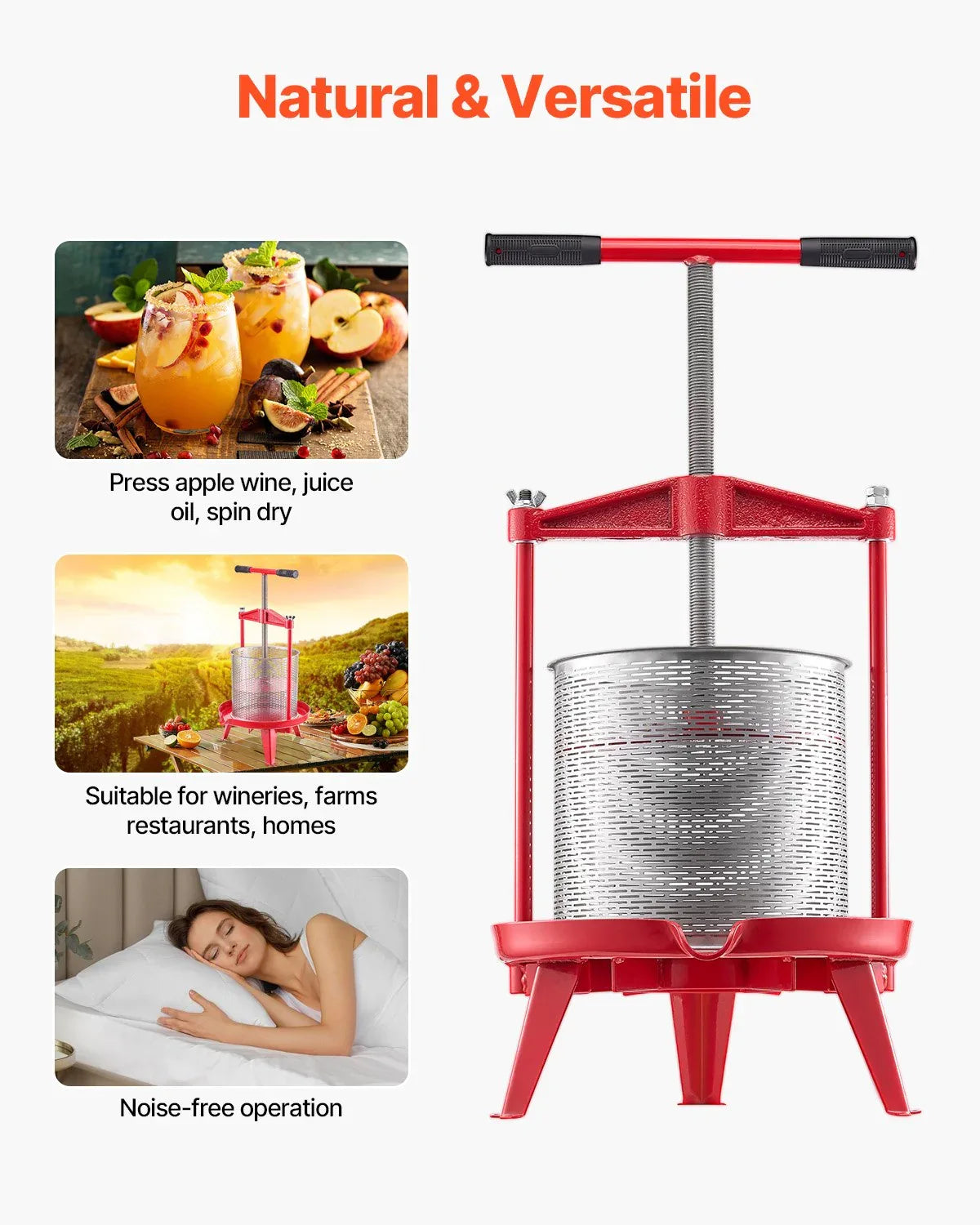 VEVOR 3.69 Gal/14L Fruit Wine Press, Stainless Steel Basket with Cross-beam and Triangular Structure, Manual Juice Maker, Cider Apple Grape Tincture Making Press with T-Handle for Kitchen Home - Mekamart Australia