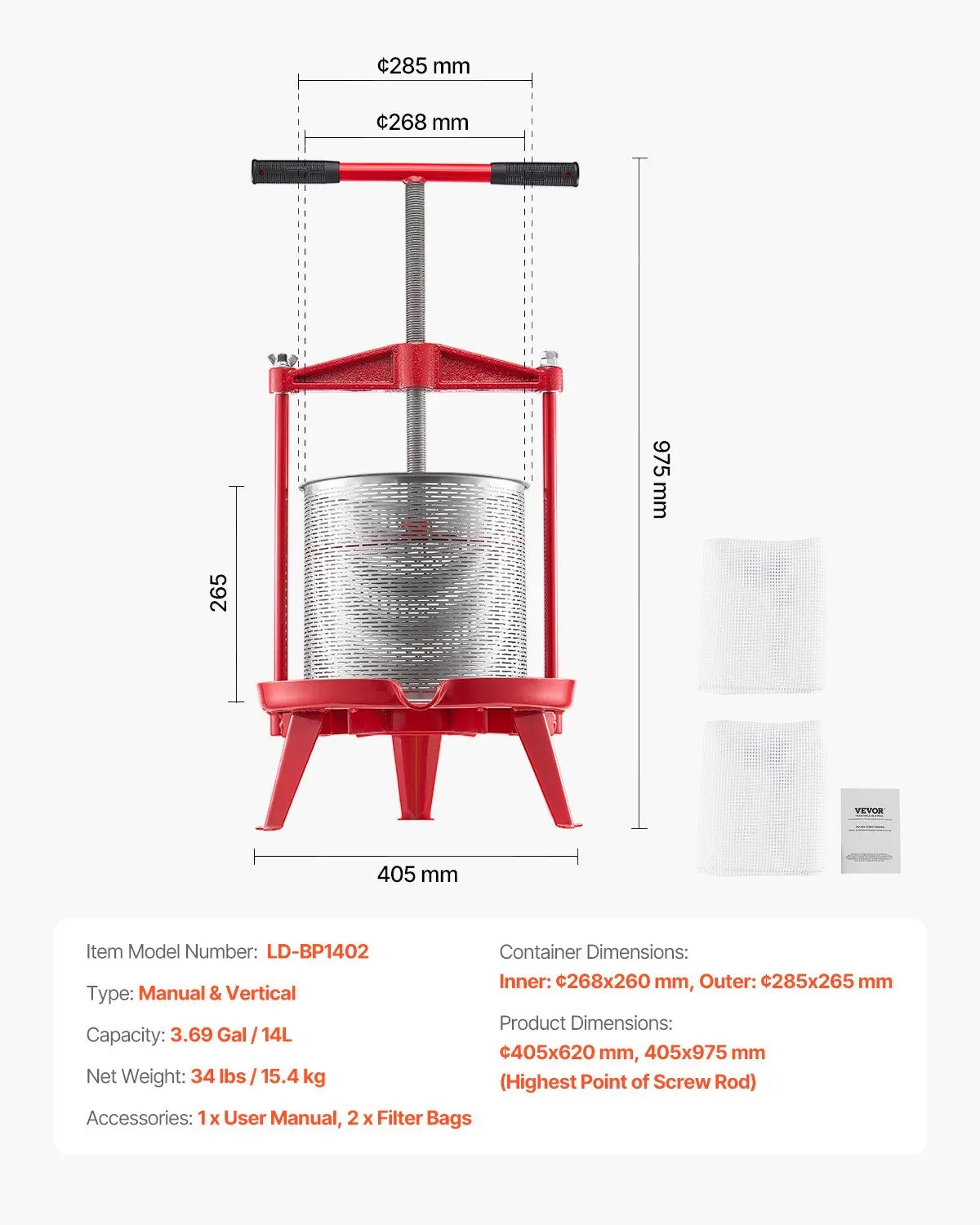 VEVOR 3.69 Gal/14L Fruit Wine Press, Stainless Steel Basket with Cross-beam and Triangular Structure, Manual Juice Maker, Cider Apple Grape Tincture Making Press with T-Handle for Kitchen Home - Mekamart Australia