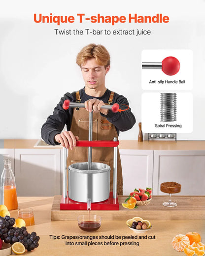 VEVOR Fruit Wine Press Manual Press for Wine Making 1.6 Gal/6L Stainless Steel - Mekamart Australia