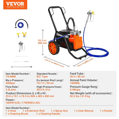 VEVOR Cart Airless Paint Sprayer Diaphragm Paint Airless Sprayer 1700W Electric - Mekamart Australia