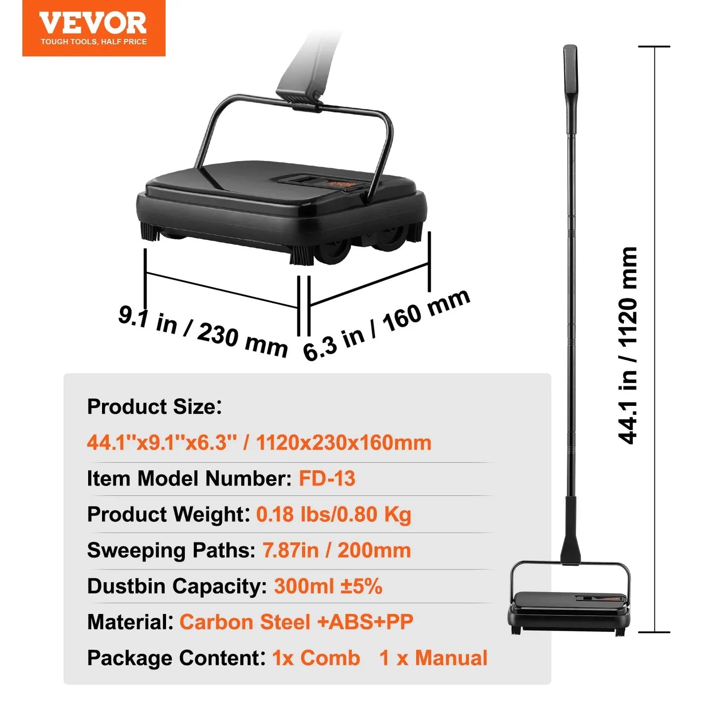 VEVOR Carpet Sweeper, 200 mm Sweeping Paths, Floor Sweeper Manual Non Electric, 300 ml Dustbin Capacity with Comb for Home Office Rugs Hardwood Surfaces Wood Floors Laminate, Cleans Dust Pet Hair - Mekamart Australia
