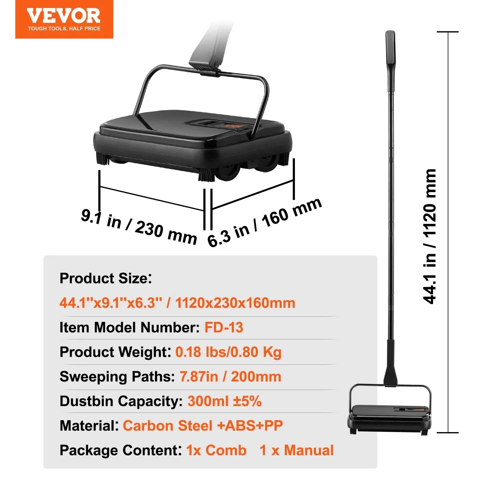 VEVOR Carpet Sweeper, 200 mm Sweeping Paths, Floor Sweeper Manual Non Electric, 300 ml Dustbin Capacity with Comb for Home Office Rugs Hardwood Surfaces Wood Floors Laminate, Cleans Dust Pet Hair - Mekamart Australia