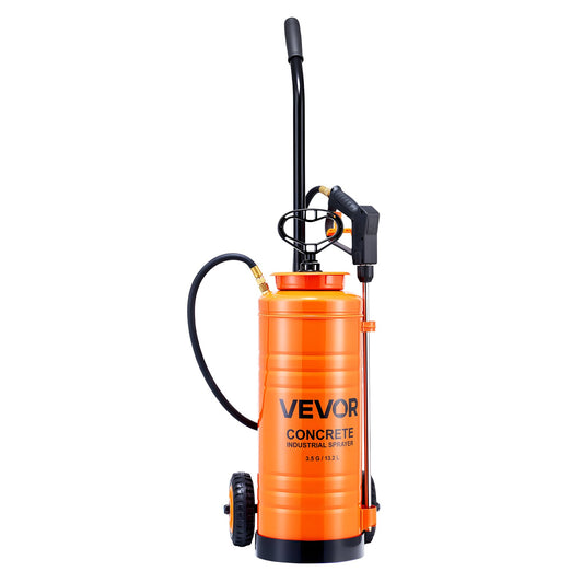 Industrial Concrete Sprayer with Wheeled Cart, 14L Stainless Steel Sprayer, Heavy Duty Tri-Poxy Pump Sprayers, 52cm Wand, 1.2m & 3m Hoses, 2 Brass Nozzles for Construction, Lawn & Garden