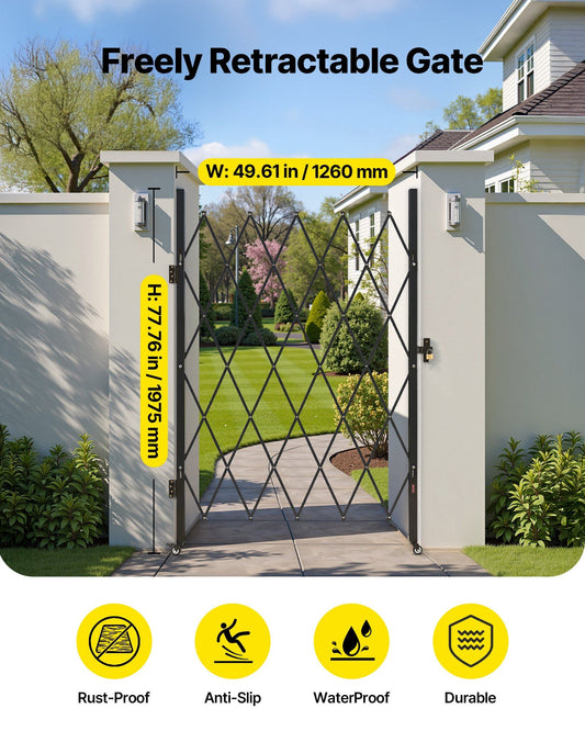 Single Folding Security Gate, Lockable Scissor Gate with 360 degree Swivel Casters, Outdoor Barricade Steel Retractable Gates, for Entry Security, Garage, Warehouse & Pool, 1260 x 1975 mm (W x H)