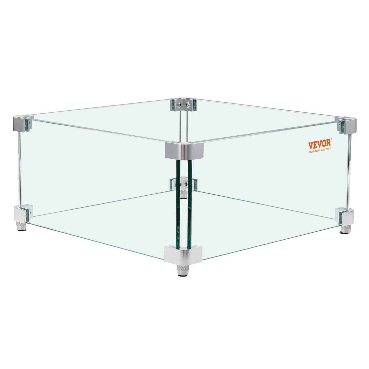 VEVOR Gas Fire Pit Wind Guard for Square Fire Table, 380 x 380 x 180 mm Clear Tempered Wind Guard for Firepits, 8mm Thick Square Glass Shield, Glass Panel with Hard Corner Bracket & Feet - Mekamart Australia