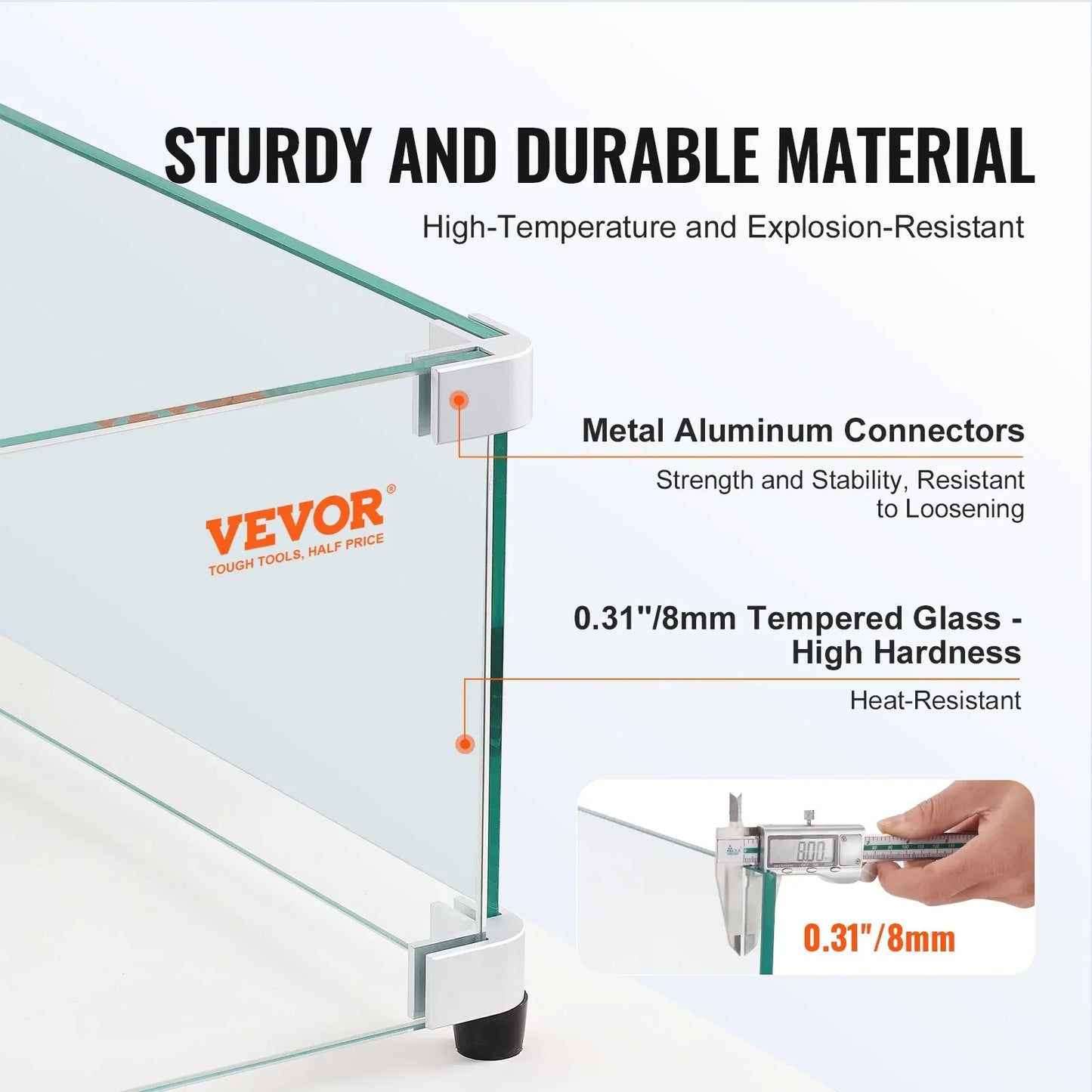 VEVOR Gas Fire Pit Wind Guard for Square Fire Table, 543 x 543 x 191 mm Clear Tempered Wind Guard for Firepits, 8mm Thick Square Glass Shield, Glass Panel with Hard Corner Bracket & Feet - Mekamart Australia