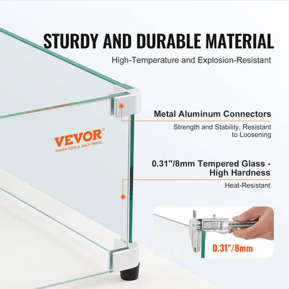 VEVOR Gas Fire Pit Wind Guard for Square Fire Table, 543 x 543 x 191 mm Clear Tempered Wind Guard for Firepits, 8mm Thick Square Glass Shield, Glass Panel with Hard Corner Bracket & Feet - Mekamart Australia