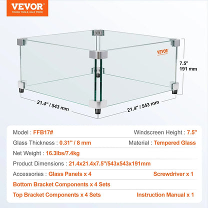 VEVOR Gas Fire Pit Wind Guard for Square Fire Table, 543 x 543 x 191 mm Clear Tempered Wind Guard for Firepits, 8mm Thick Square Glass Shield, Glass Panel with Hard Corner Bracket & Feet - Mekamart Australia