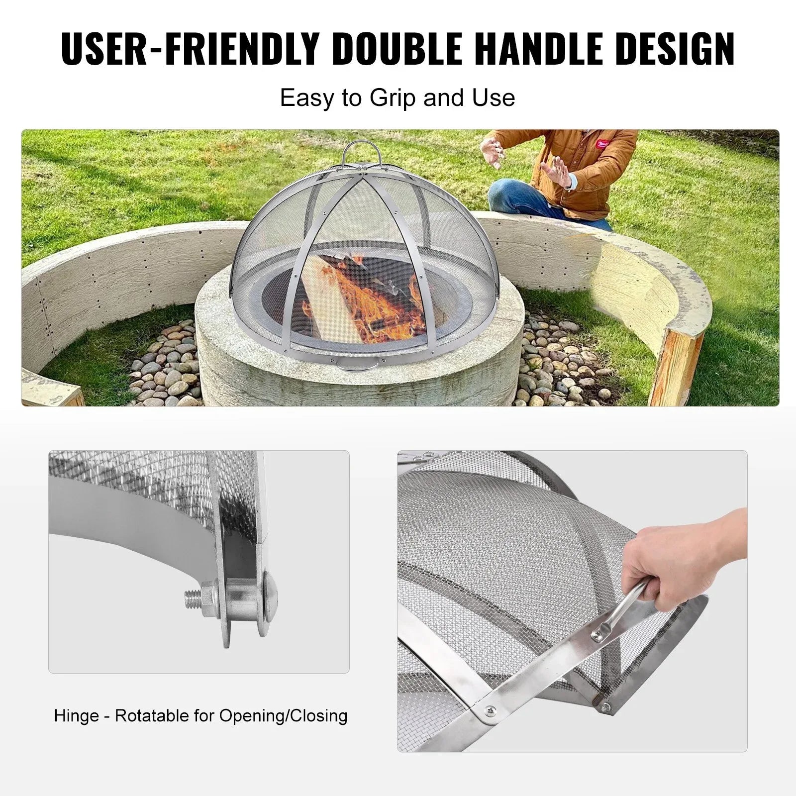 VEVOR Firepit Spark Screen Lid, 40" Diameter, Outdoor Firepit Ring Cover Round Accessories, Fire Pit Metal Cover, Easy-Opening Stainless Steel Fire Ring Covers for Outdoor Patio Fire Pits Backyard - Mekamart Australia