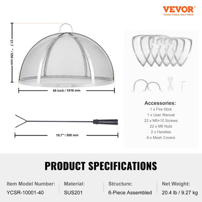 VEVOR Firepit Spark Screen Lid, 40" Diameter, Outdoor Firepit Ring Cover Round Accessories, Fire Pit Metal Cover, Easy-Opening Stainless Steel Fire Ring Covers for Outdoor Patio Fire Pits Backyard - Mekamart Australia