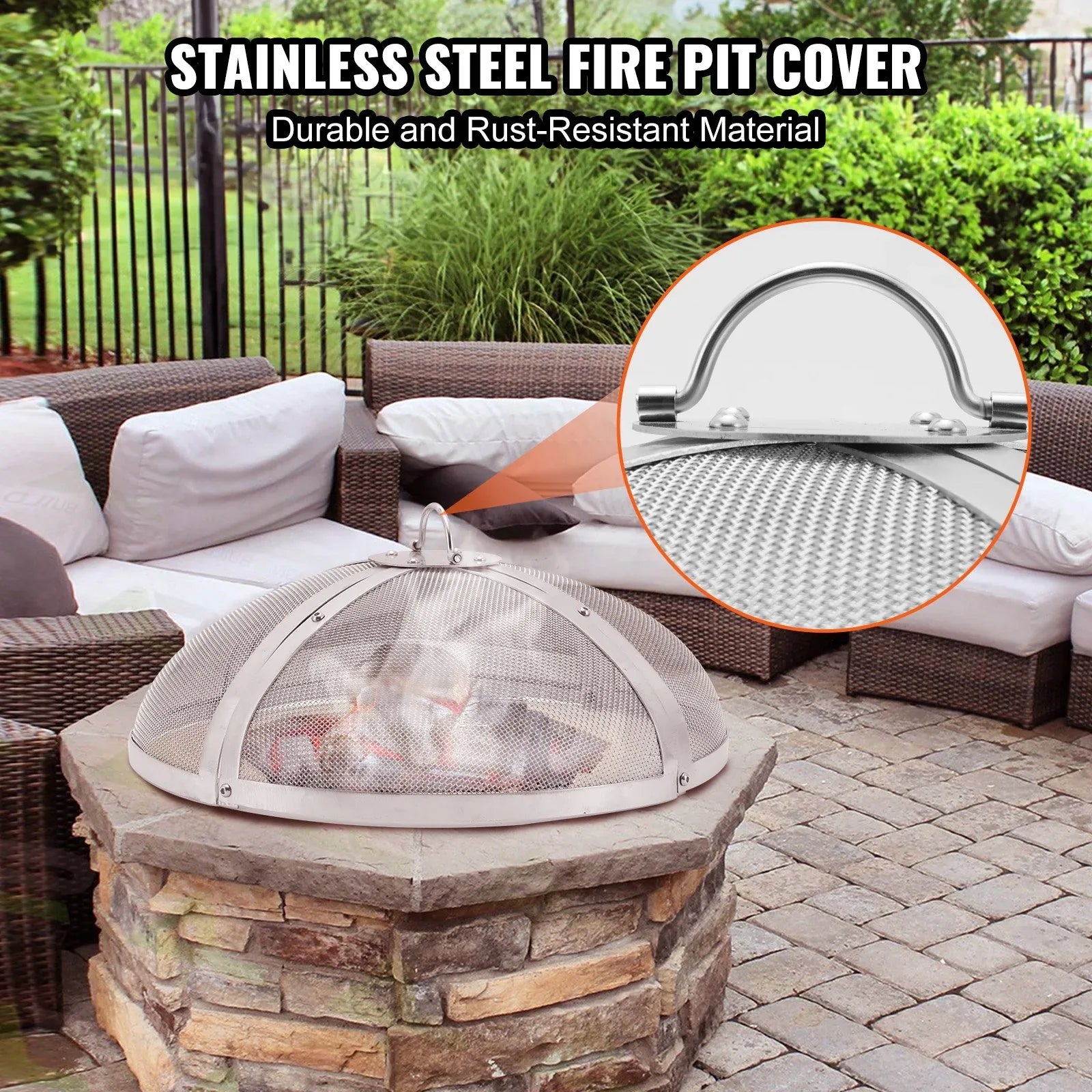 VEVOR Fire Pit Spark Screen Round 40", Reinforced Heavy Duty Steel Metal Cover, Outdoor Firepit Lid, Easy-Opening Top Screen Covers Round with Ring Handle for Outdoor Patio Fire Pits Backyard - Mekamart Australia