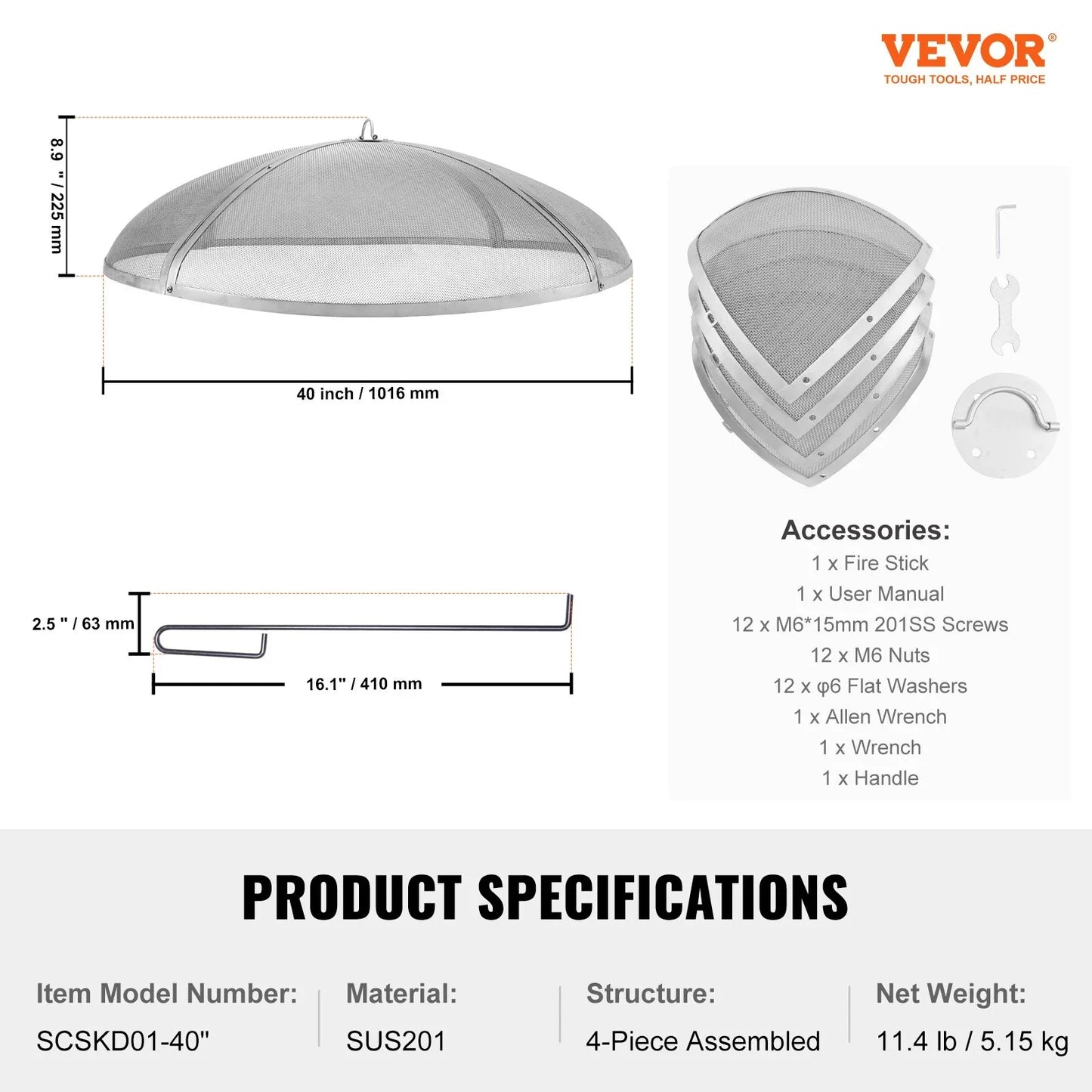 VEVOR Fire Pit Spark Screen Round 40", Reinforced Heavy Duty Steel Metal Cover, Outdoor Firepit Lid, Easy-Opening Top Screen Covers Round with Ring Handle for Outdoor Patio Fire Pits Backyard - Mekamart Australia