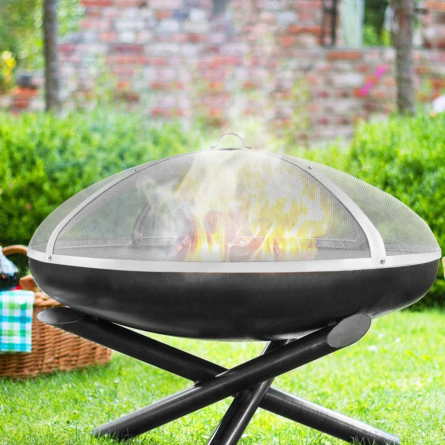 VEVOR Fire Pit Spark Screen Round 40", Reinforced Heavy Duty Steel Metal Cover, Outdoor Firepit Lid, Easy-Opening Top Screen Covers Round with Ring Handle for Outdoor Patio Fire Pits Backyard - Mekamart Australia