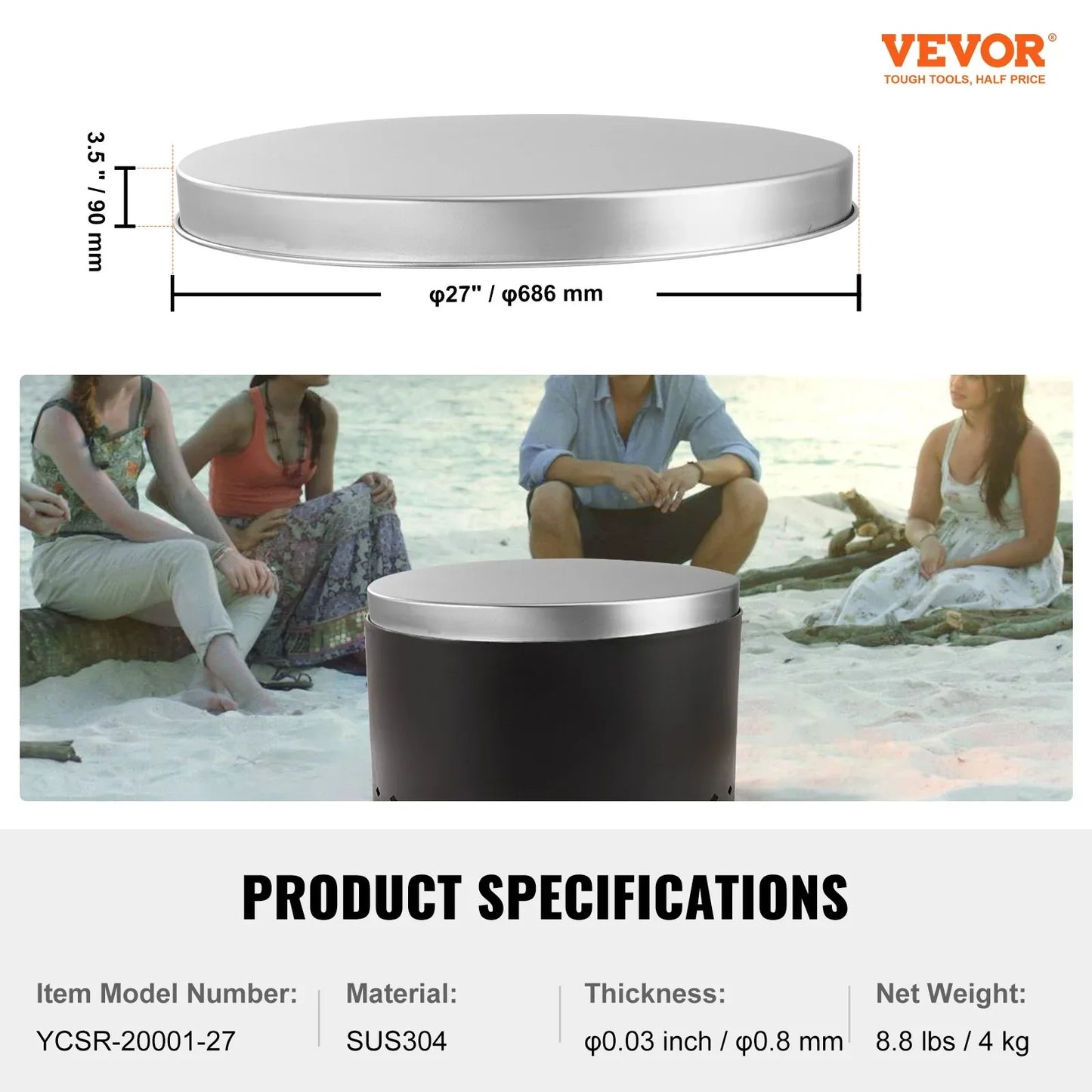 VEVOR Fire Pit Cover Lid, 27" Portable Firepit Spark Screen,Stainless Steel Steel Metal Cover, Easy-Opening Outdoor Wood Burning and Camping Stove Accessory, for Outdoor Patio Fire Pits Backyard - Mekamart Australia