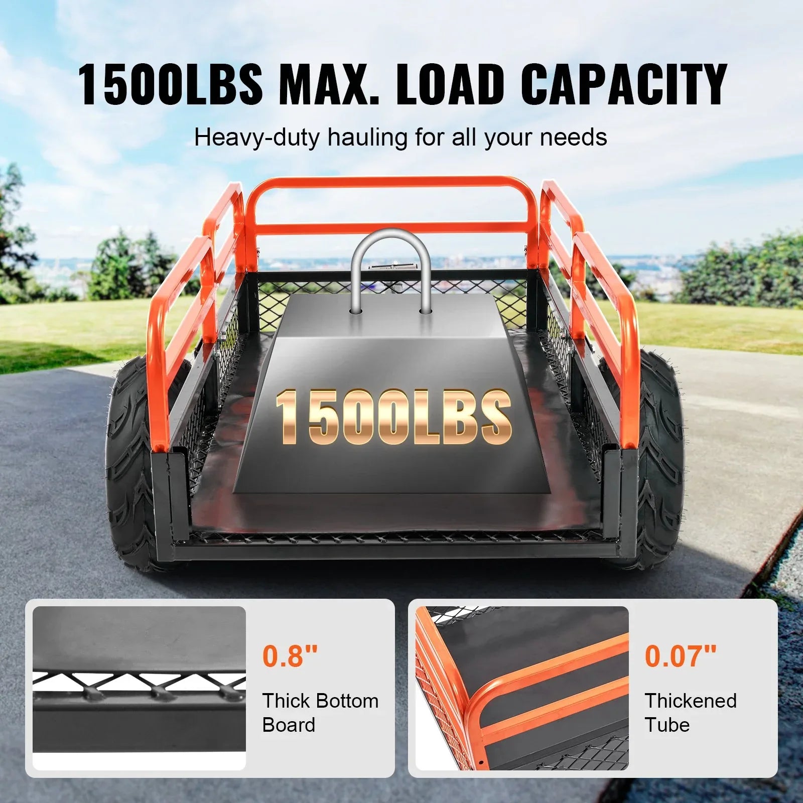 VEVOR Heavy Duty Steel ATV Dump Trailer, 1500-Pound Load Capacity 15 Cubic Feet, Tow Behind Dump Cart Garden Trailer, with Removable Sides and 2 Tires, for Mowers, Tractors, ATV, UTV - Mekamart Australia