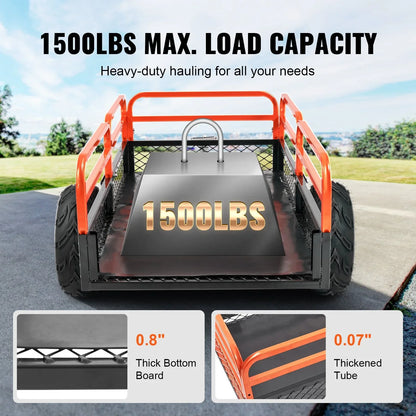 VEVOR Heavy Duty Steel ATV Dump Trailer, 1500-Pound Load Capacity 15 Cubic Feet, Tow Behind Dump Cart Garden Trailer, with Removable Sides and 2 Tires, for Mowers, Tractors, ATV, UTV - Mekamart Australia