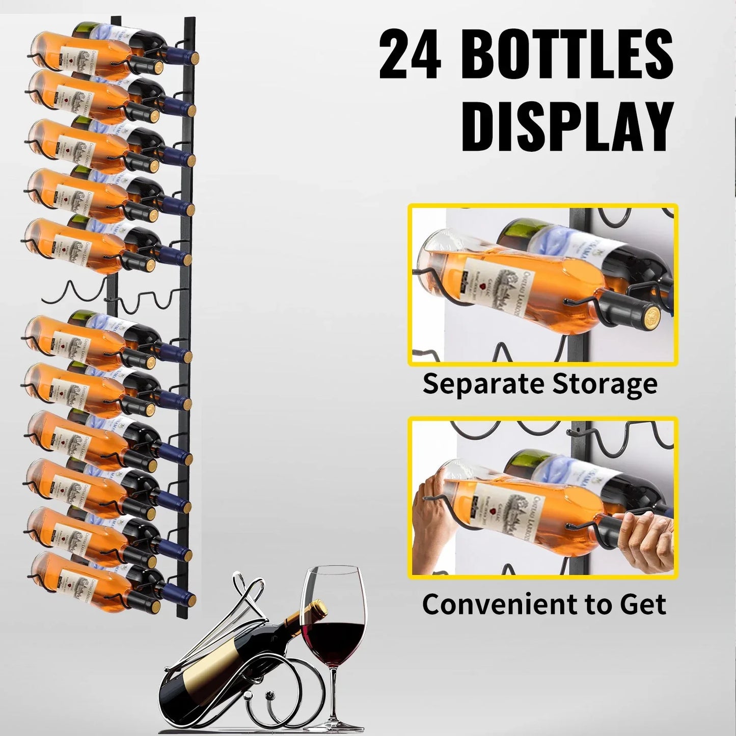 VEVOR Wall Mounted Wine Rack, 12x2 Bottles Wine Holder Towel Rack, Black Steel Vertical Wine Rack, Modern Decorative Wall Mounted Wine Bottle Holder, Forward Design Simple Storage Wall Rack 48x11x1 In - Mekamart Australia