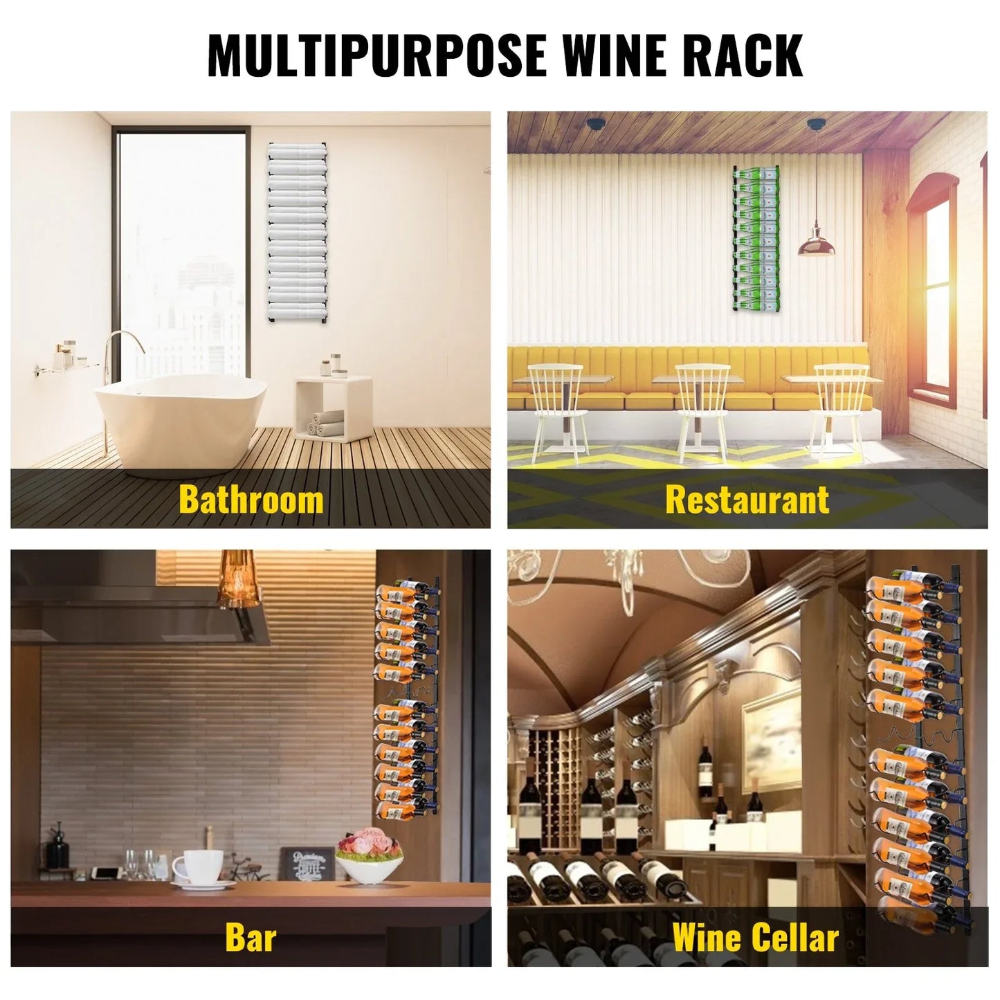 VEVOR Wall Mounted Wine Rack, 12x2 Bottles Wine Holder Towel Rack, Black Steel Vertical Wine Rack, Modern Decorative Wall Mounted Wine Bottle Holder, Forward Design Simple Storage Wall Rack 48x11x1 In - Mekamart Australia