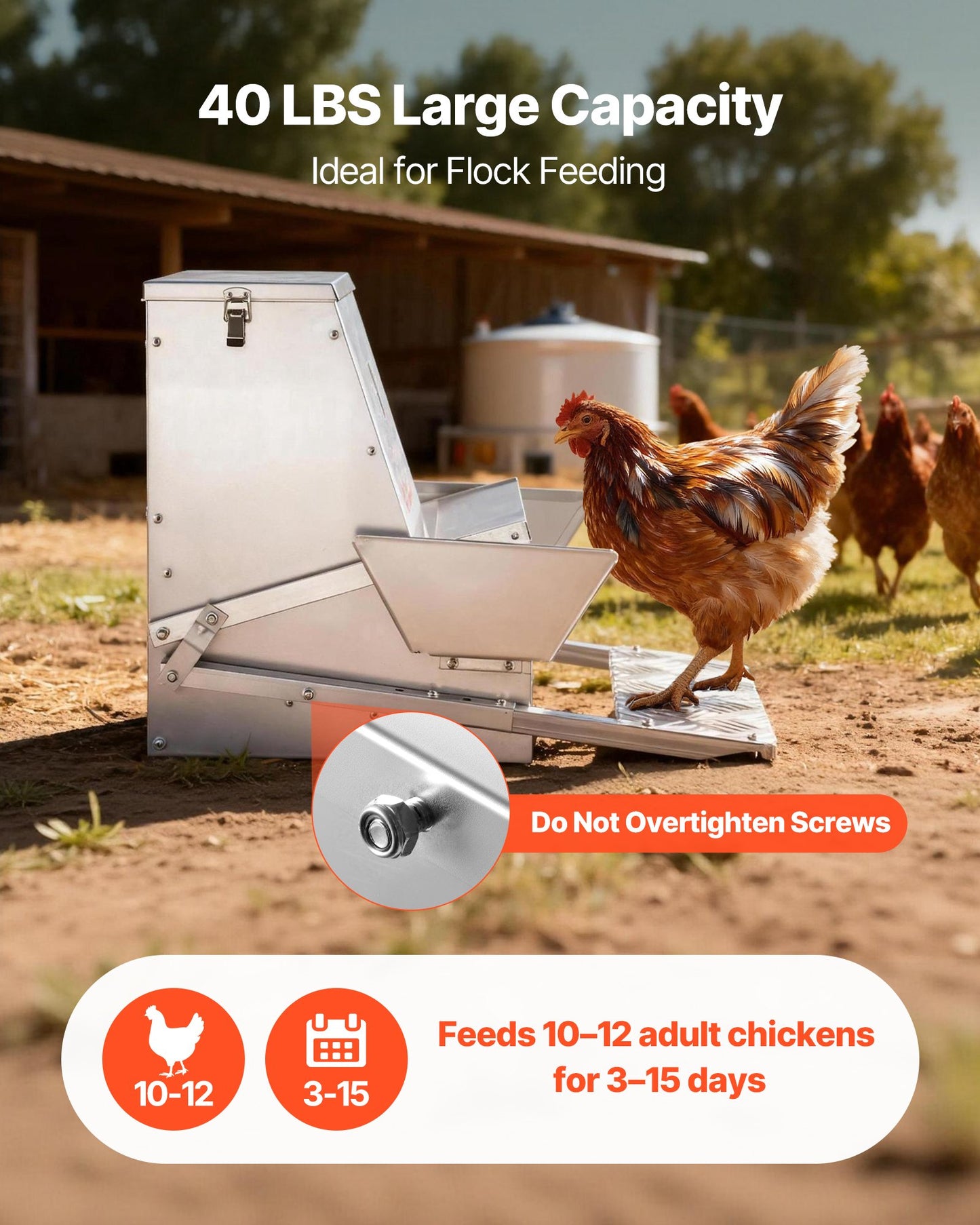 Automatic Chicken Feeder, 18.14 kg Capacity, Rainproof Treadle Poultry Feeder with Lockable Lid, No Waste, Galvanized Steel Construction, Outdoor Use, for Chicken, Bantams, Poultry, Pheasants