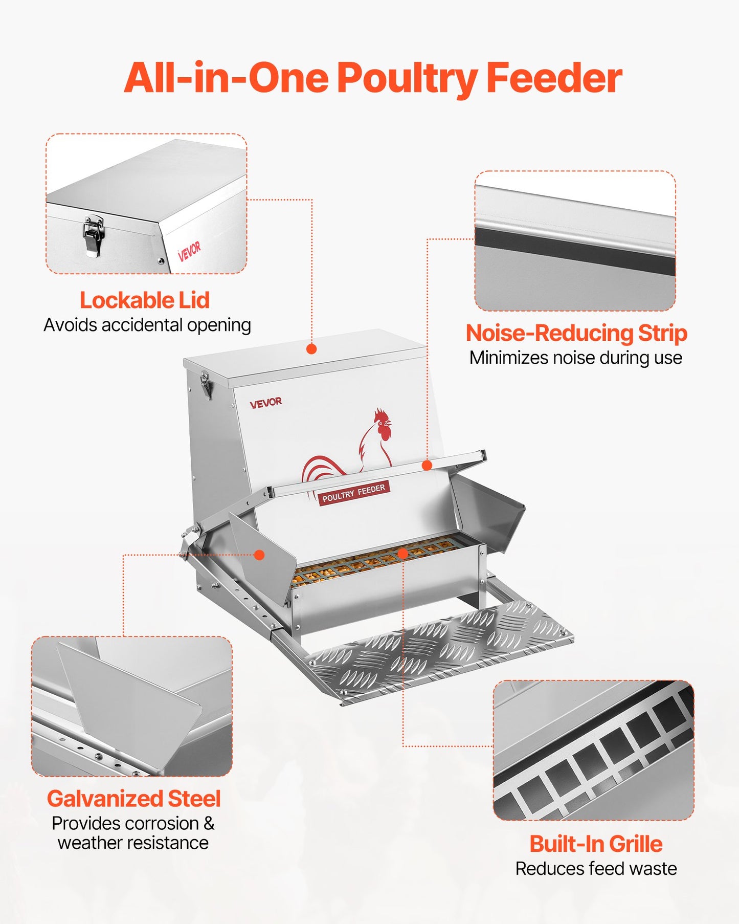 Automatic Chicken Feeder, 18.14 kg Capacity, Rainproof Treadle Poultry Feeder with Lockable Lid, No Waste, Galvanized Steel Construction, Outdoor Use, for Chicken, Bantams, Poultry, Pheasants