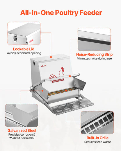 Automatic Chicken Feeder, 18.14 kg Capacity, Rainproof Treadle Poultry Feeder with Lockable Lid, No Waste, Galvanized Steel Construction, Outdoor Use, for Chicken, Bantams, Poultry, Pheasants