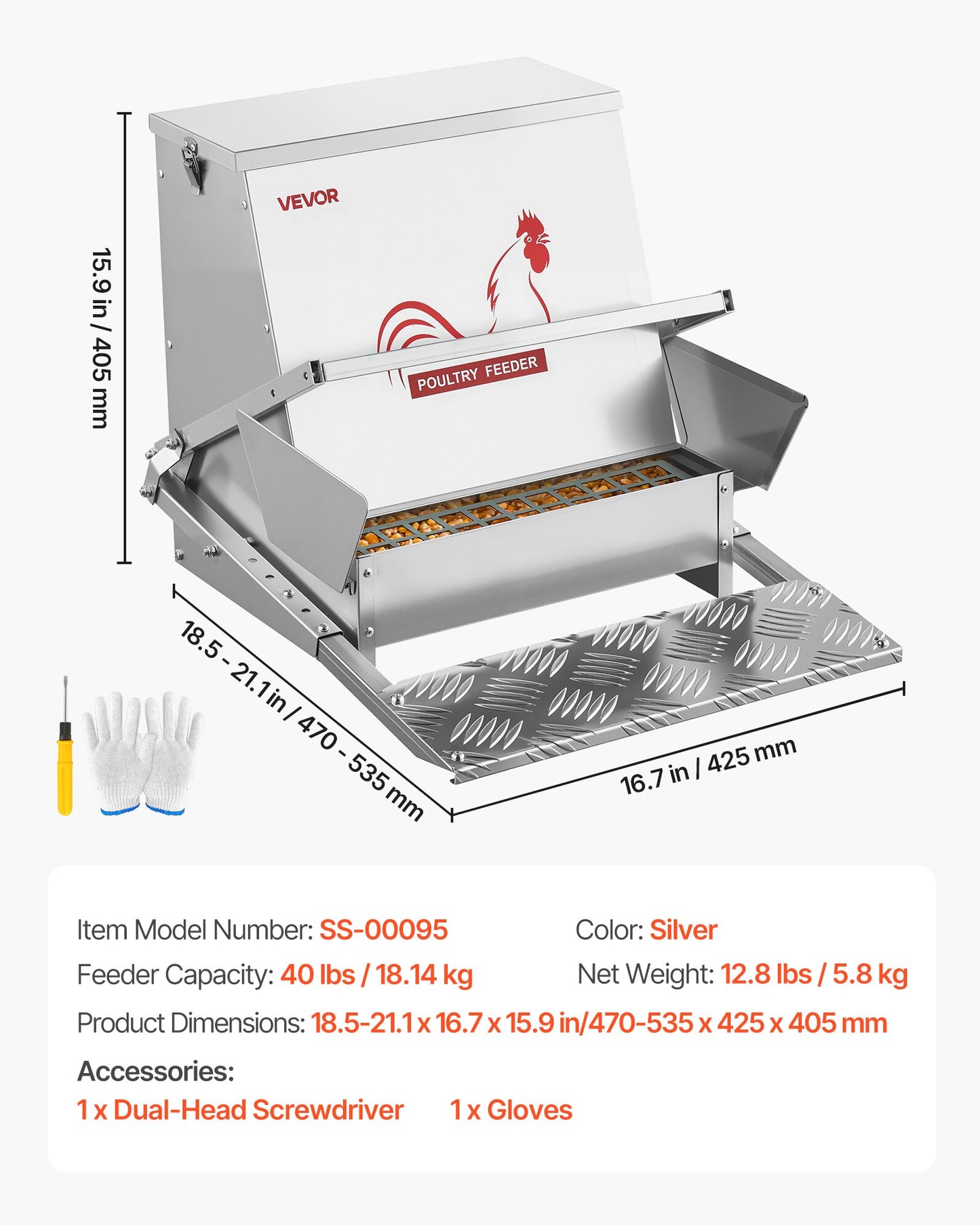 Automatic Chicken Feeder, 18.14 kg Capacity, Rainproof Treadle Poultry Feeder with Lockable Lid, No Waste, Galvanized Steel Construction, Outdoor Use, for Chicken, Bantams, Poultry, Pheasants