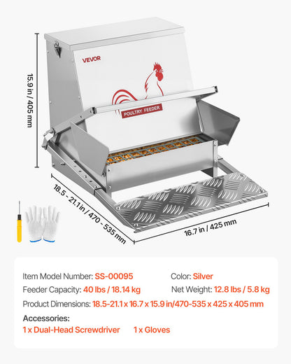 Automatic Chicken Feeder, 18.14 kg Capacity, Rainproof Treadle Poultry Feeder with Lockable Lid, No Waste, Galvanized Steel Construction, Outdoor Use, for Chicken, Bantams, Poultry, Pheasants