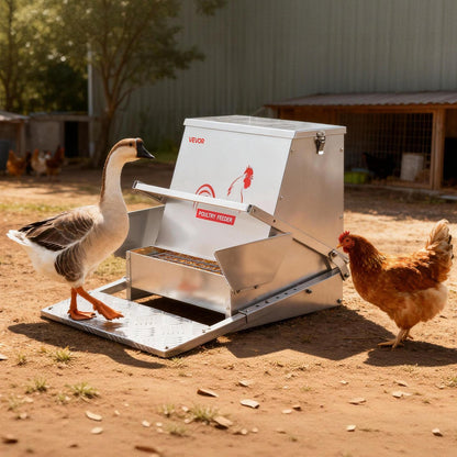 Automatic Chicken Feeder, 18.14 kg Capacity, Rainproof Treadle Poultry Feeder with Lockable Lid, No Waste, Galvanized Steel Construction, Outdoor Use, for Chicken, Bantams, Poultry, Pheasants