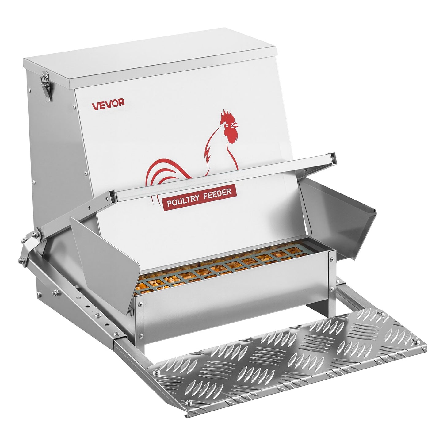 Automatic Chicken Feeder, 18.14 kg Capacity, Rainproof Treadle Poultry Feeder with Lockable Lid, No Waste, Galvanized Steel Construction, Outdoor Use, for Chicken, Bantams, Poultry, Pheasants